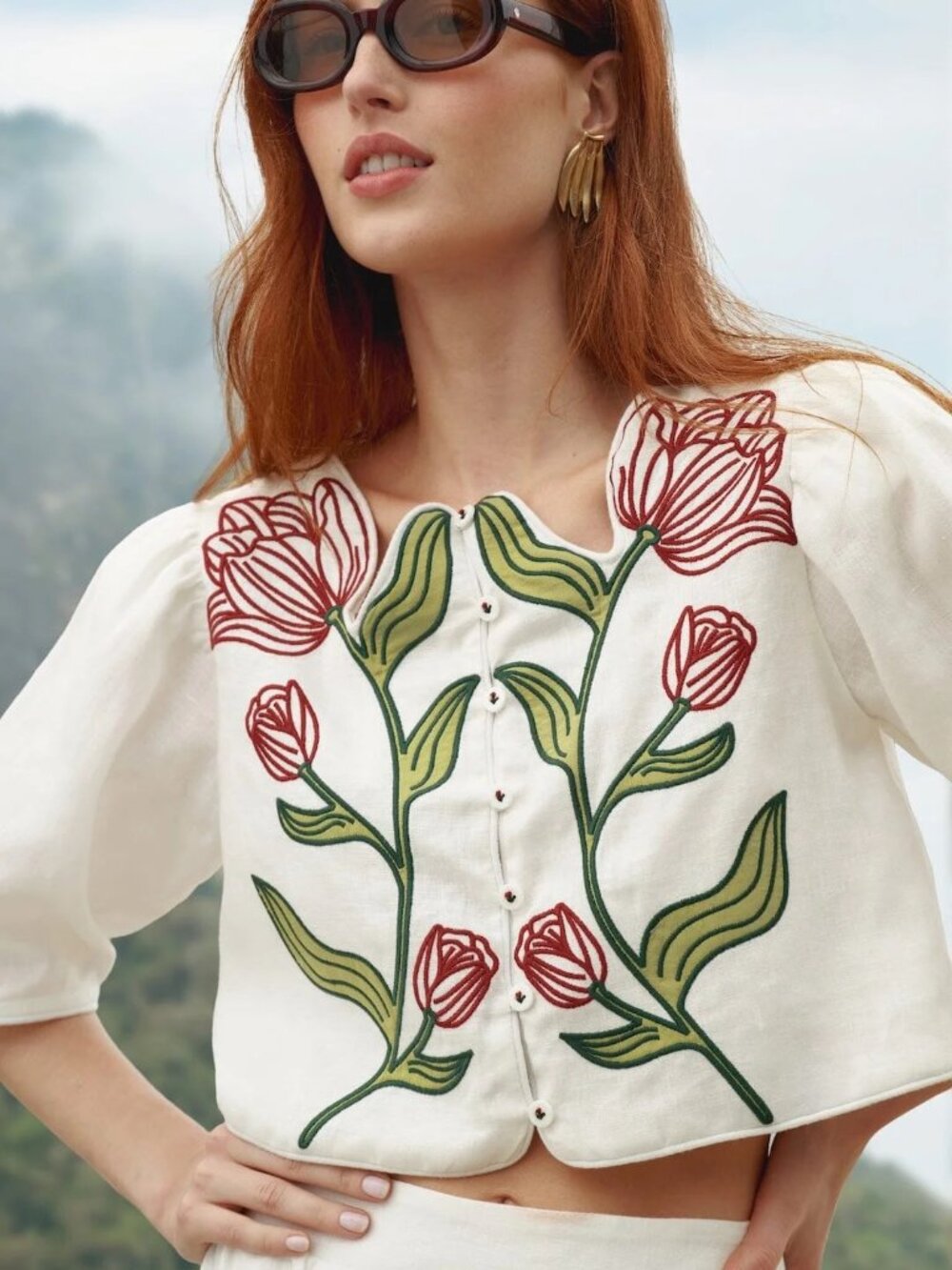 FARM Rio off-white flower embroidered crop top in XS